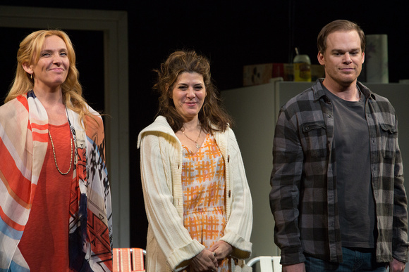 Toni Collette, Marisa Tomei and Michael C. Hall attend the "The Realistic Joneses" opening night curtain call